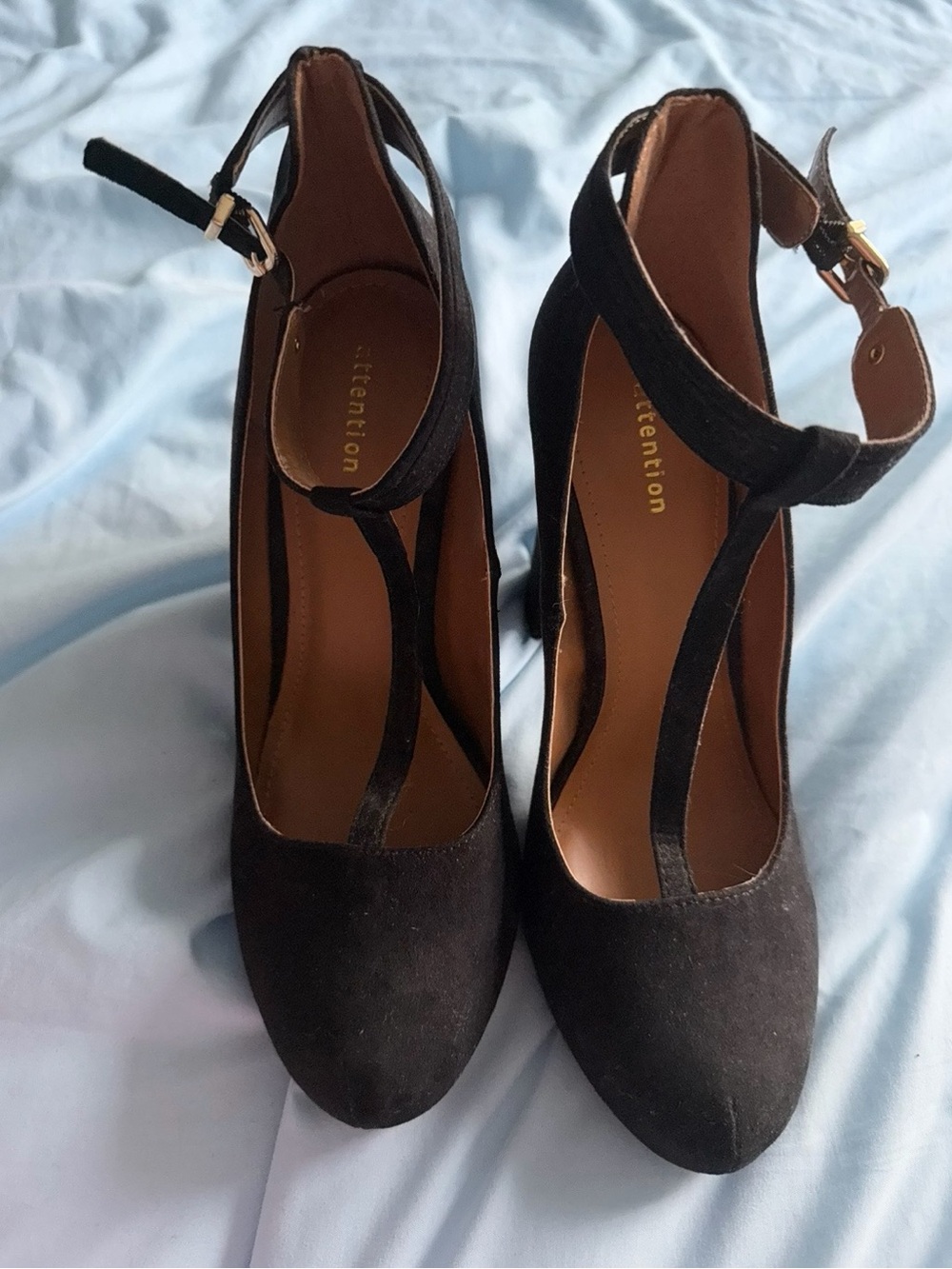 Attention Black Suede T-Strap Ankle Strap Pumps